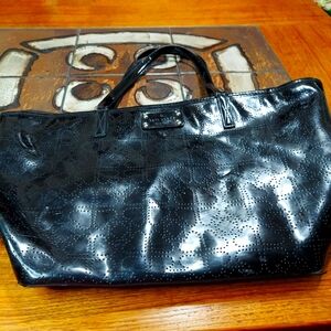 Kate Spade black patent shoulder bag tote faux leather office academic